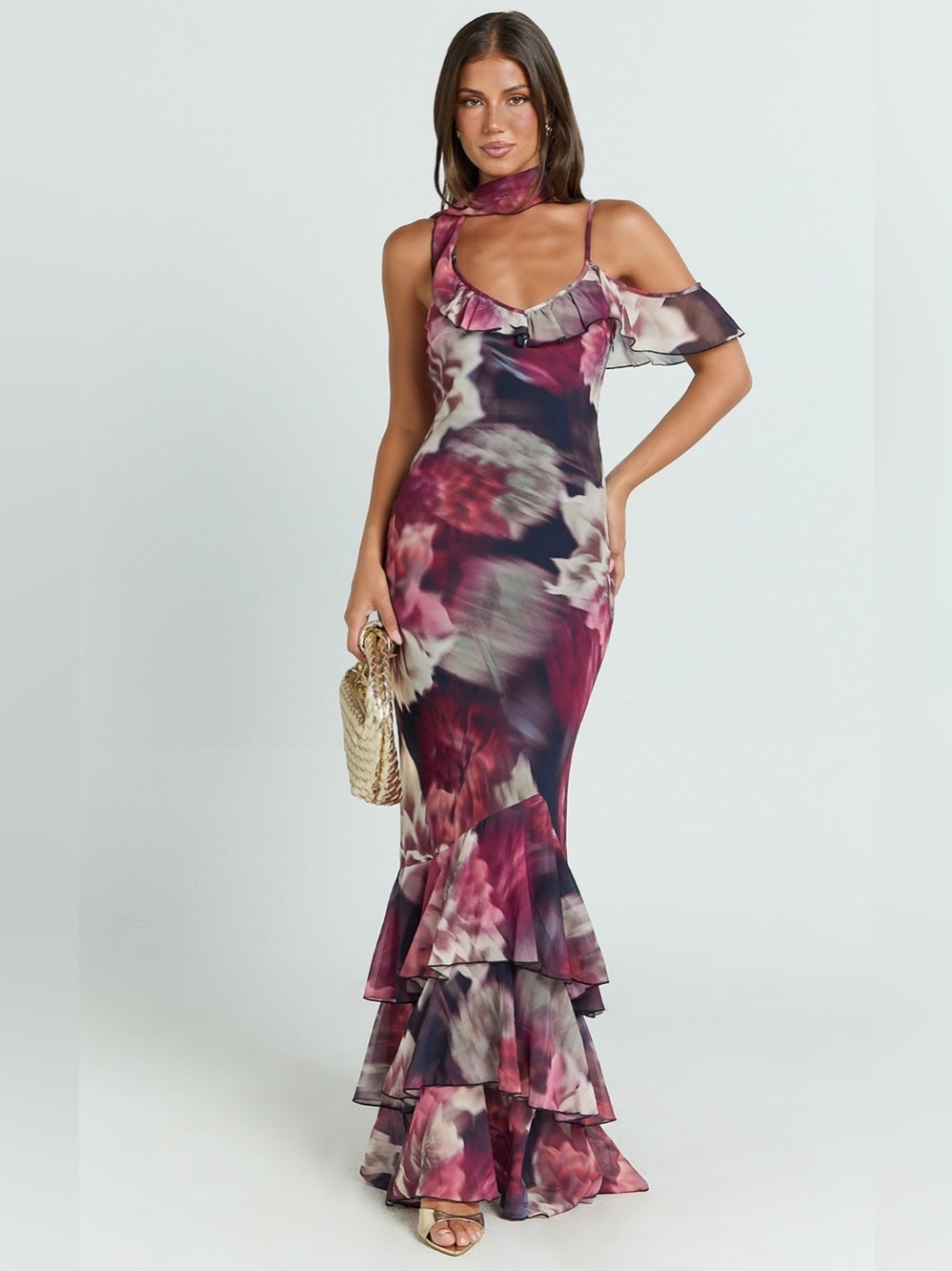 NWT Showpo RILEY MAXI Asymmetric Ruffle Detail Maxi Dress In Mariache Rose